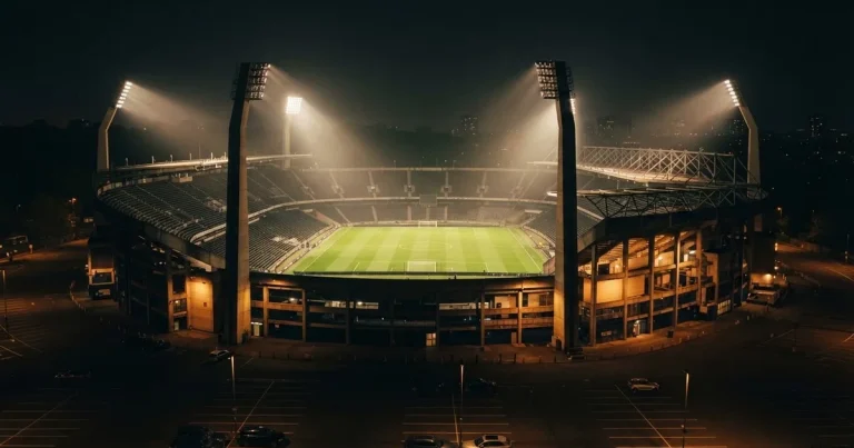Ein Fußballstadion unter Flutlicht aus großer Entfernung gesehen, die Lichtkegel stehen im dunklen Abendhimmel über leeren Parkplätzen.