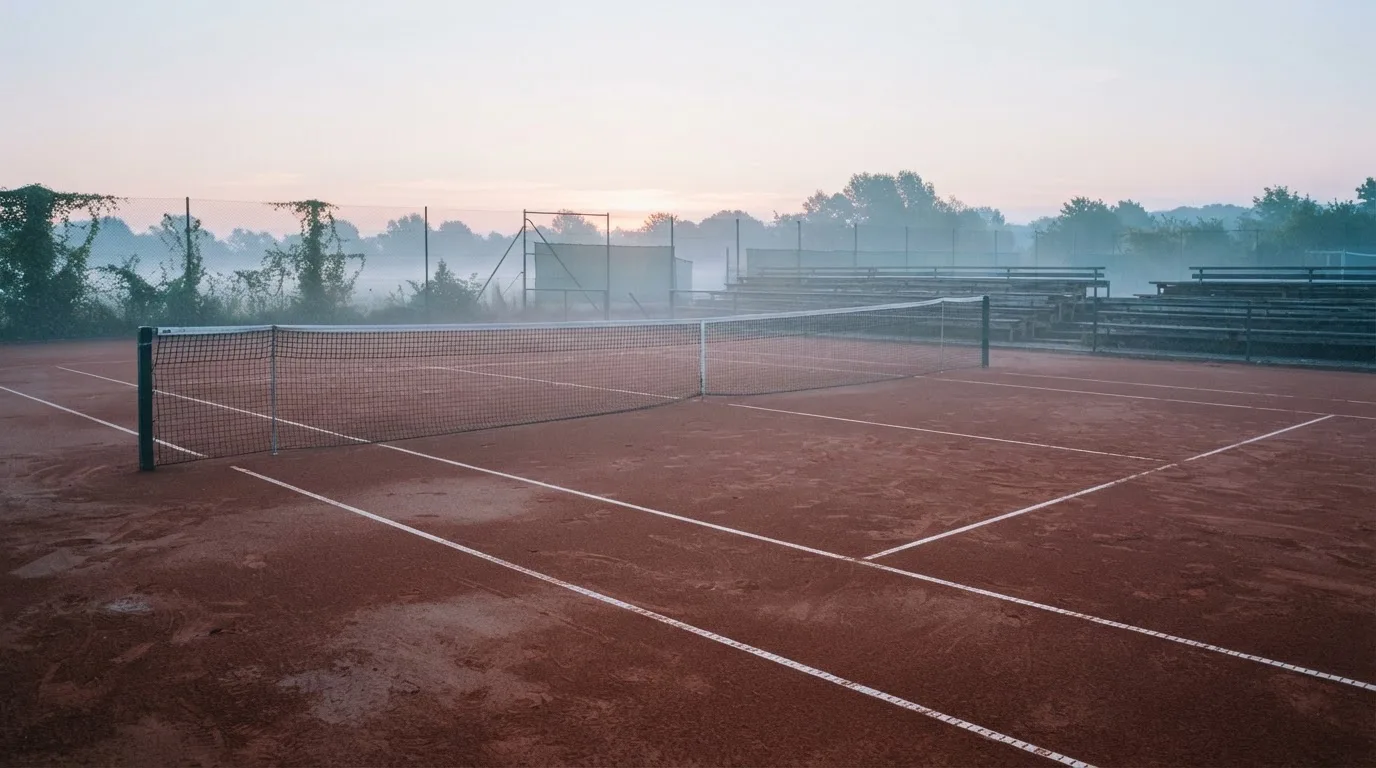 Ein Tennisplatz im Morgengrauen mit Netz und Linien, über dem Sandboden liegt leichter Nebel und niemand ist zu sehen.