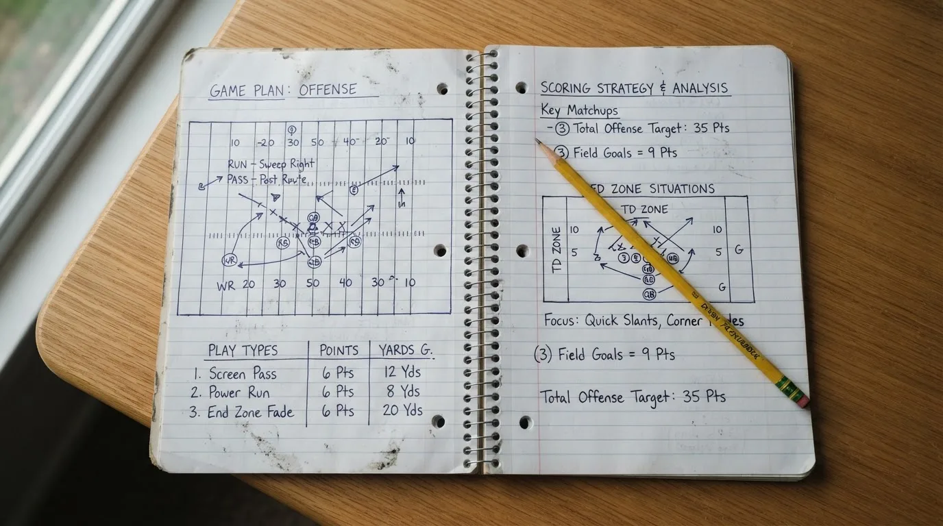 Ein Notizbuch mit handschriftlichen Skizzen und Zahlenreihen liegt aufgeschlagen auf einem Schreibtisch, daneben ein Bleistift.