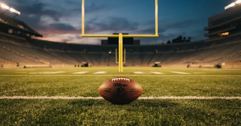Ein ovaler Football liegt auf dem Rasen vor den gelben Torstangen eines leeren Stadions in der Abenddämmerung.