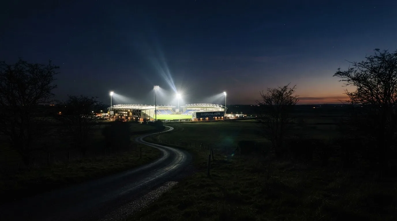 Ein großes Stadion unter Flutlicht aus weiter Entfernung gesehen, davor eine dunkle Landstraße und ein paar Bäume.