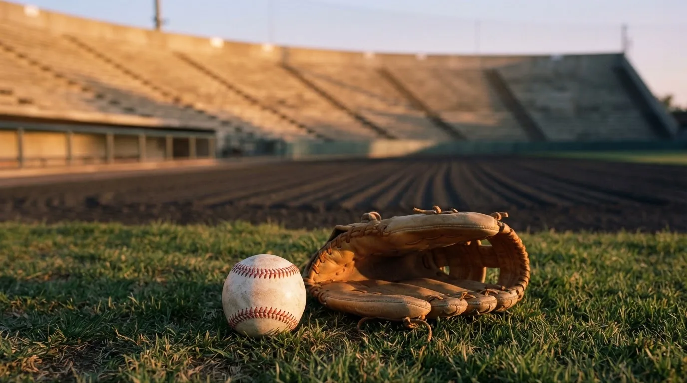 Ein Baseball liegt auf dem Rasen neben einem Lederhandschuh ohne Aufschrift, im Hintergrund eine leere Tribüne im Abendlicht.