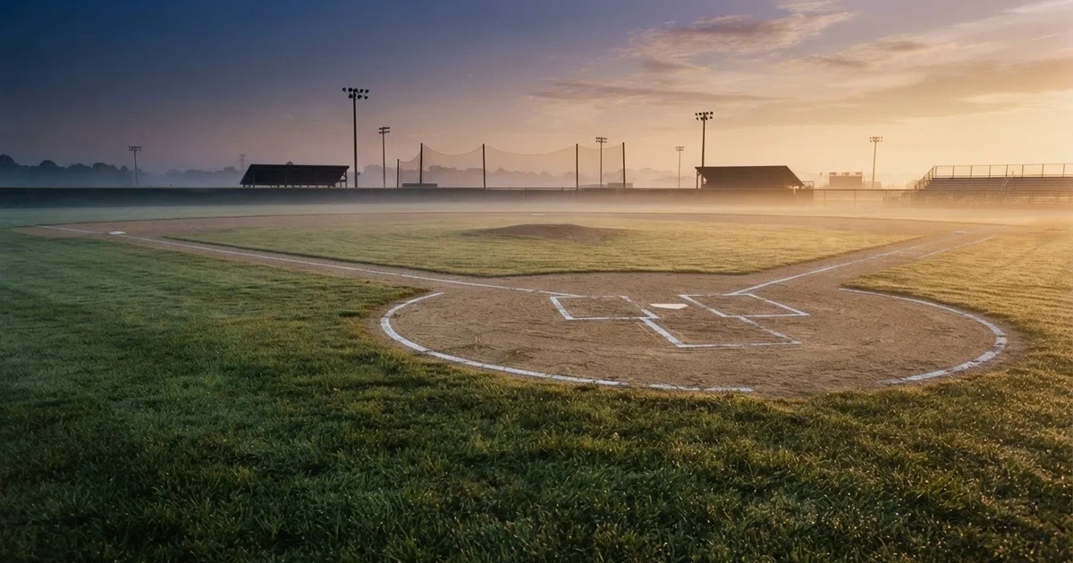 Ein leeres Baseballfeld mit Sandfläche, Basen und weißen Linien in der Morgendämmerung, über dem Rasen liegt leichter Nebel.