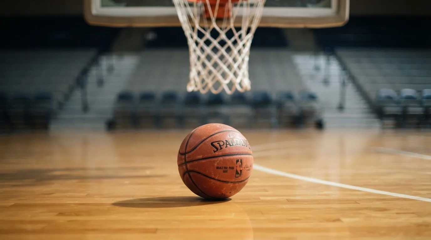 Ein orangefarbener Basketball liegt auf einem Hallenboden unter dem Netz eines Korbs, im Hintergrund unscharf leere Sitzreihen.