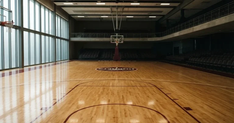 Ein leeres Basketballfeld in einer Halle mit glänzendem Parkett und einem Korb, durch hohe Fenster fällt Tageslicht.