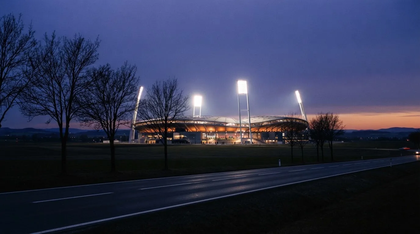 Ein Stadion unter Flutlicht aus großer Entfernung gesehen, davor eine dunkle Landstraße und einzelne Bäume in der Dämmerung.
