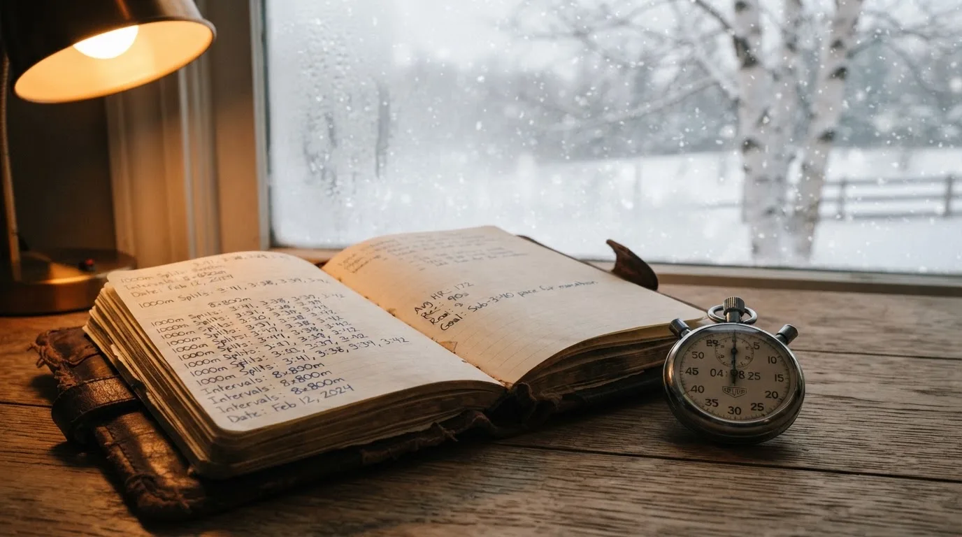Ein Notizbuch mit handschriftlichen Zeiten liegt neben einer Stoppuhr auf einem Holztisch, draußen vor dem Fenster fällt Schnee.