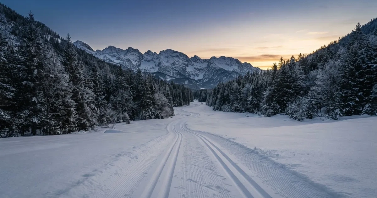 Eine verschneite Loipe im Morgenlicht mit gespurter Spur, im Hintergrund dunkler Nadelwald und eine Bergkette ohne Menschen.