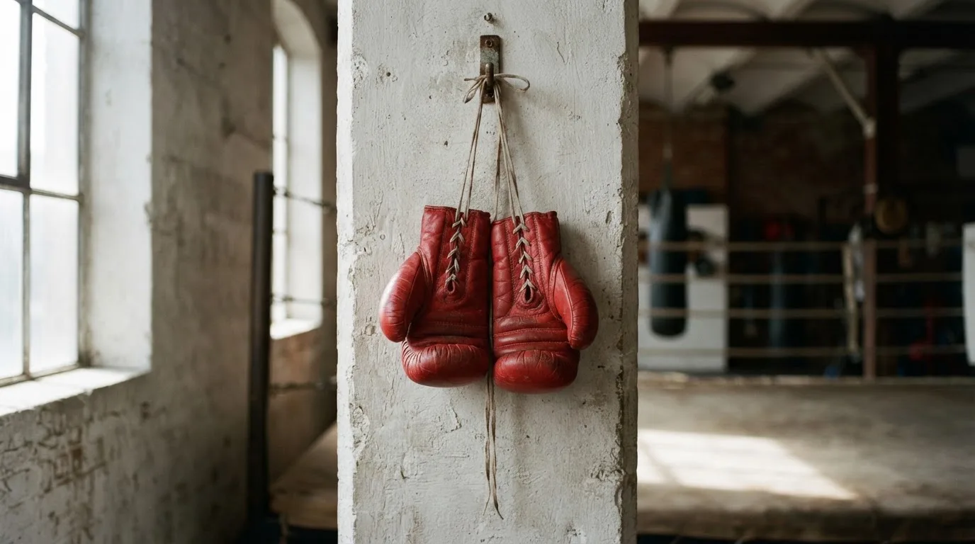 Ein Paar Boxhandschuhe hängt an einem Haken in einer leeren Trainingshalle, durch ein Fenster fällt Tageslicht auf den Boden.