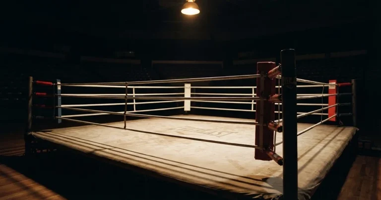 Ein leerer Boxring mit gespannten Seilen unter einer Hallenlampe, der Ringboden ist im Licht gut zu erkennen, niemand ist zu sehen.