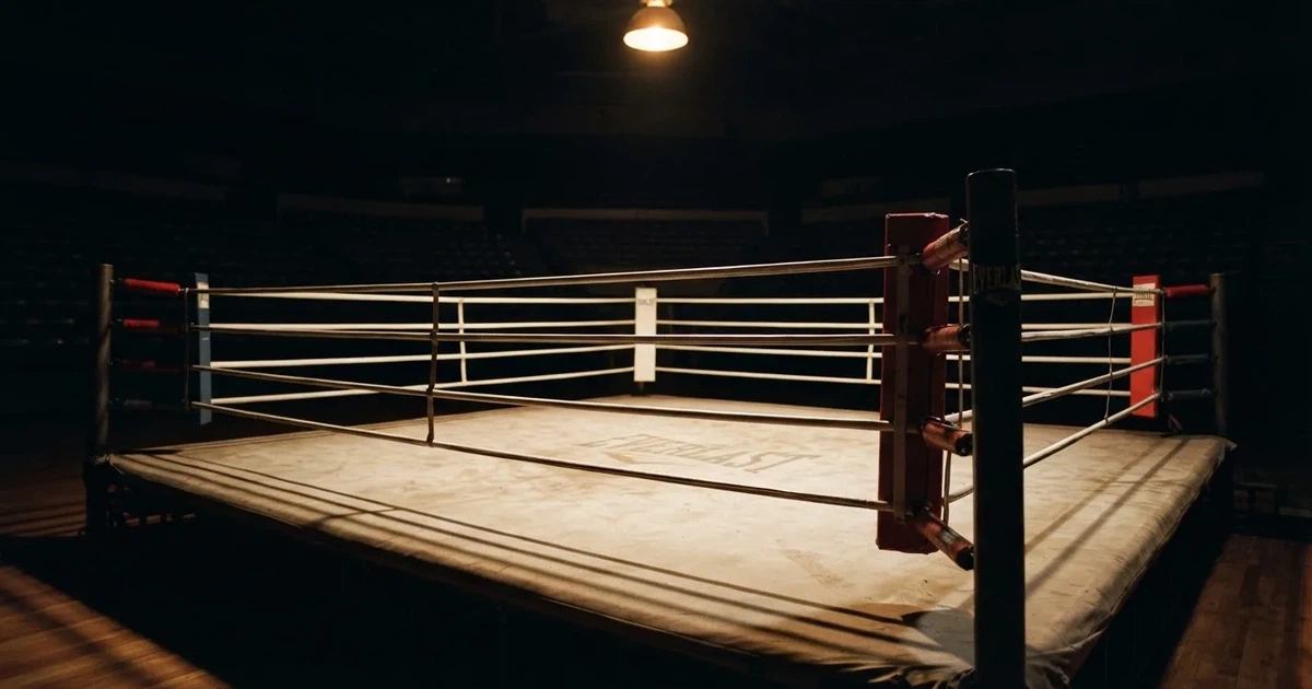 Ein leerer Boxring mit gespannten Seilen unter einer Hallenlampe, der Ringboden ist im Licht gut zu erkennen, niemand ist zu sehen.