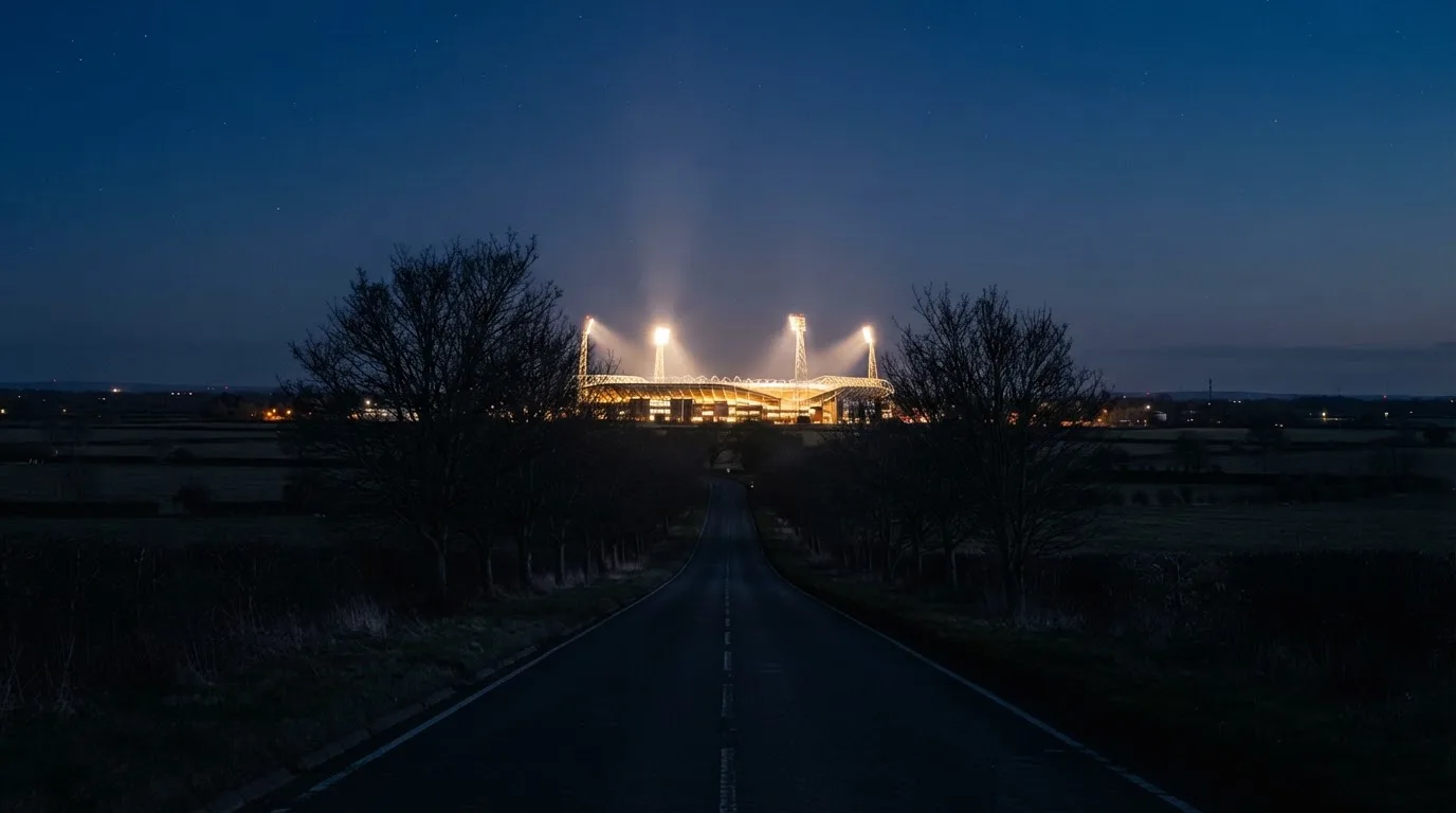 Ein Stadion unter Flutlicht aus großer Entfernung gesehen, davor eine dunkle Landstraße und einzelne Bäume in der Dämmerung.