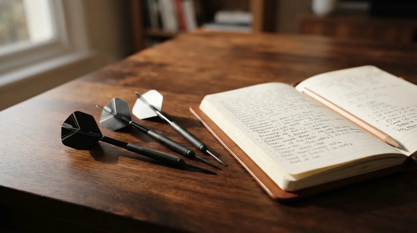 Wurfpfeile liegen auf einem Holztisch neben einem Notizbuch mit handschriftlichen Zeilen, Tageslicht fällt von links ein.