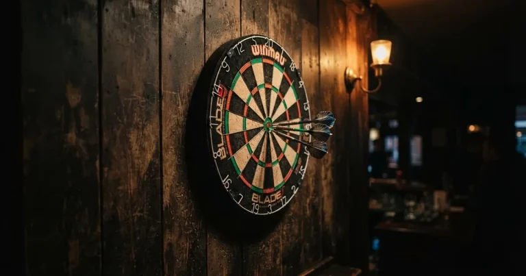 Eine Dartscheibe an einer Holzwand in einem schwach beleuchteten Raum, drei Pfeile stecken nahe der Mitte, warmes Licht von der Seite.