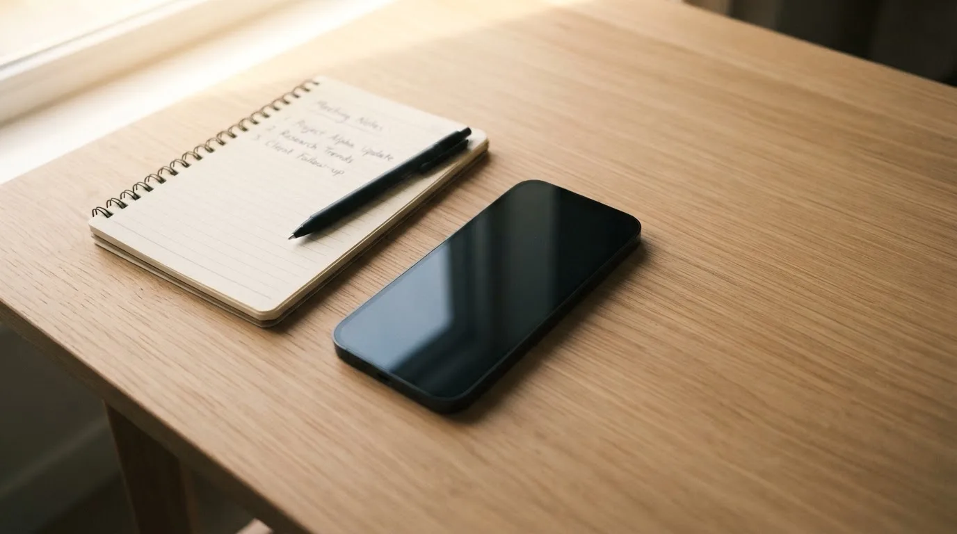 Ein Smartphone mit dunklem Display liegt auf einem Holztisch neben einem Notizblock und einem Stift, Tageslicht von links.