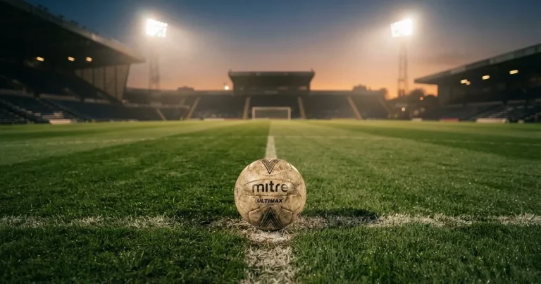 Ein Fußball liegt auf dem Anstoßpunkt eines Rasenplatzes in der Dämmerung, in der Ferne leuchten Flutlichter, die Ränge sind leer.