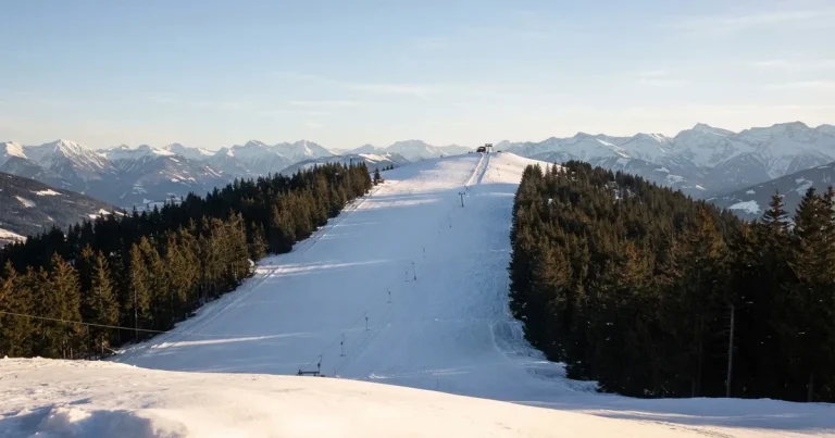 Ein verschneiter Skihang im Winterlicht mit einer leeren Liftspur, im Hintergrund Nadelwald und klarer Himmel, keine Personen.