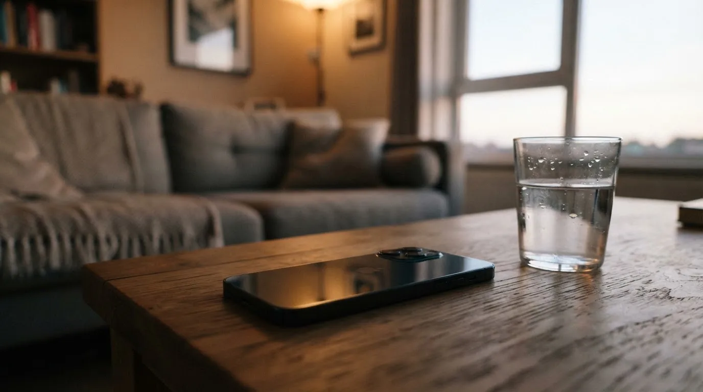 Ein Smartphone liegt mit dem Display nach unten auf einem Holztisch neben einem Glas Wasser, ruhige Abendstimmung in einem Wohnzimmer.