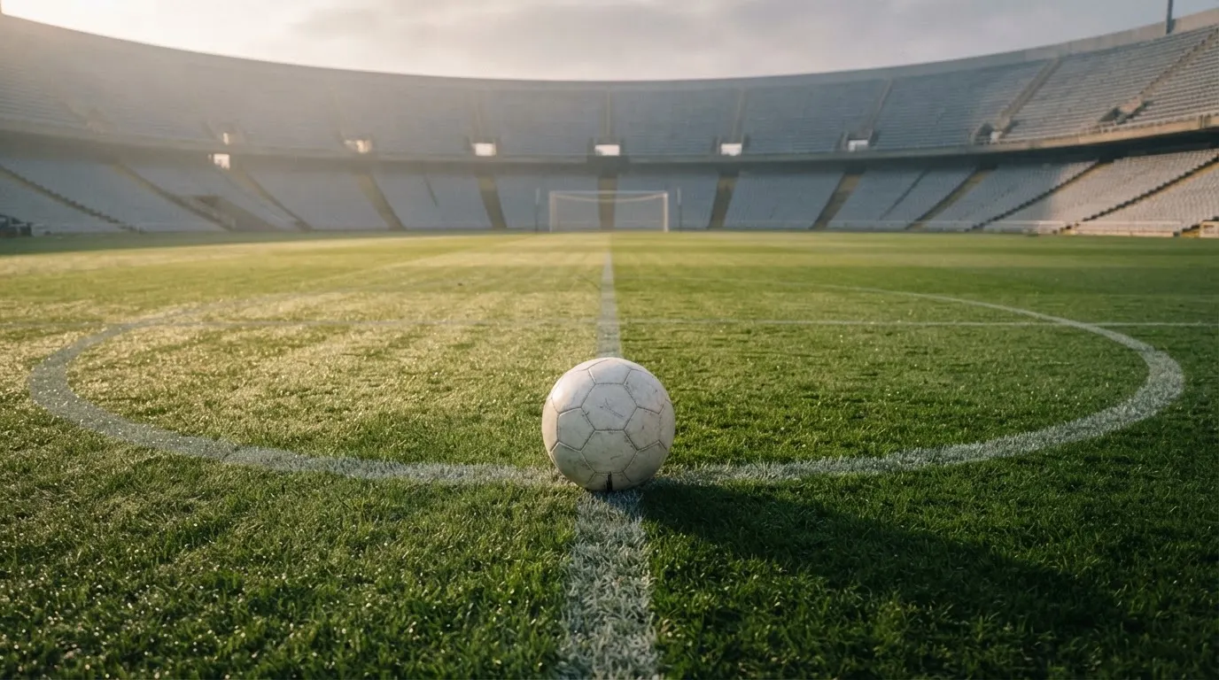 Ein Fußball auf dem Mittelpunkt eines Rasenplatzes, früher Morgen, Tau auf dem Gras, im Hintergrund leere Tribünen.