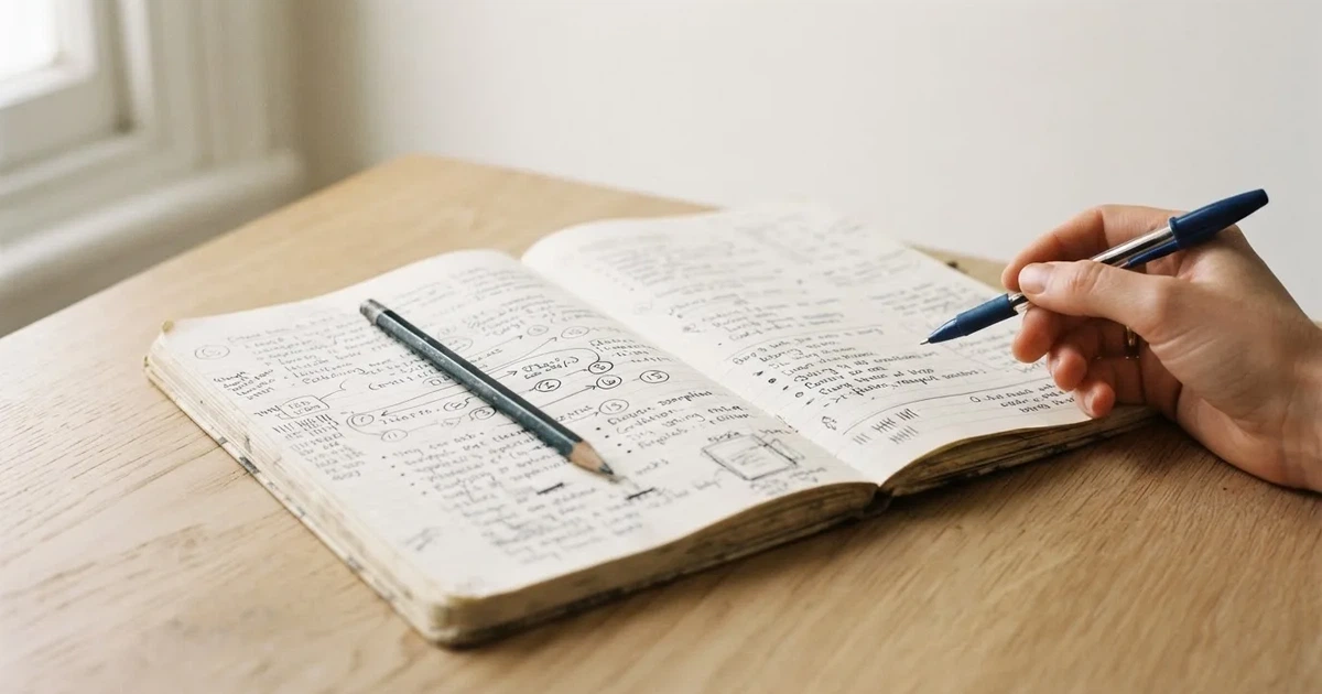 Ein Notizbuch mit handschriftlichen Stichpunkten und kleinen Skizzen liegt neben einem Bleistift auf einem hellen Tisch, Tageslicht von der Seite.